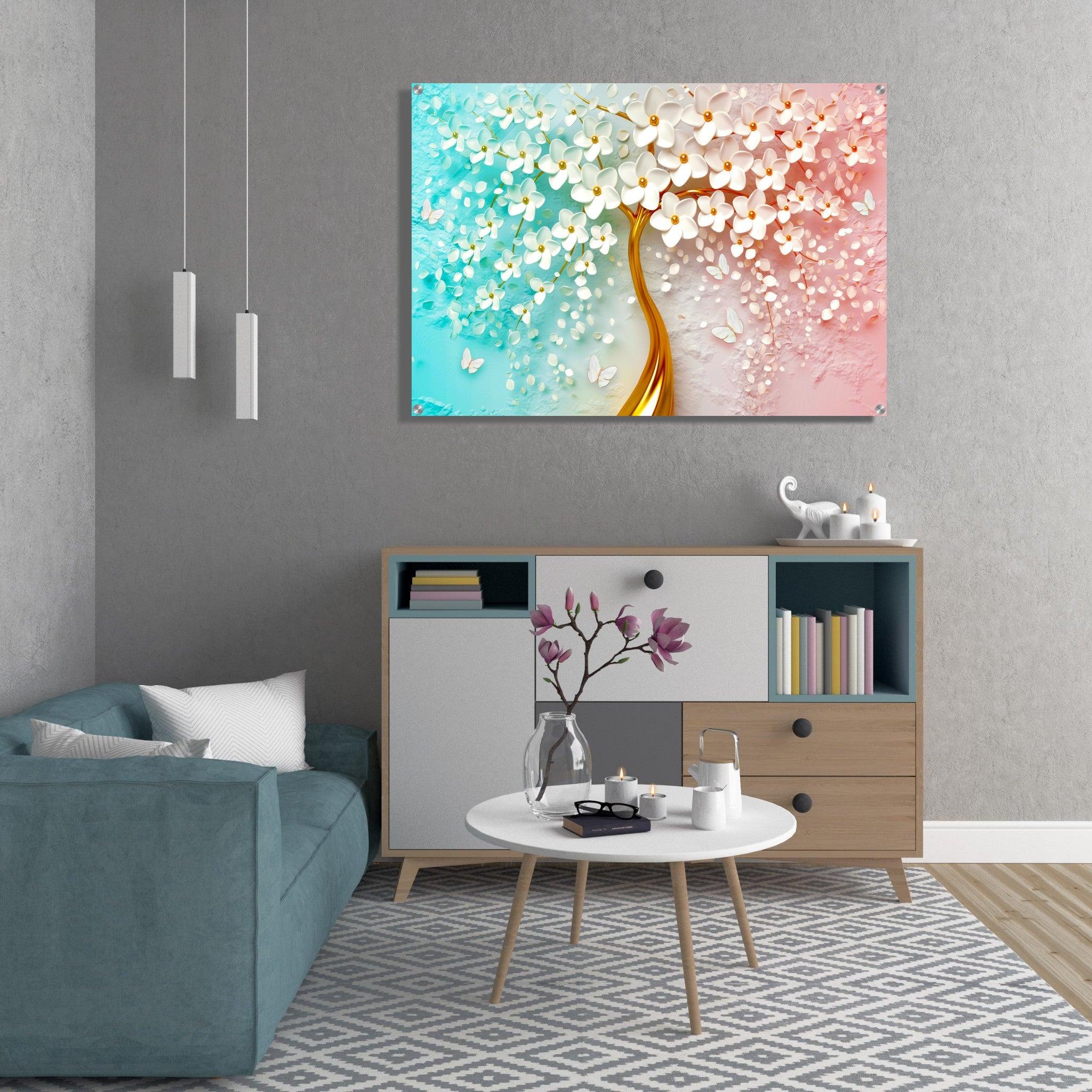 Surreal Serenity: White Blossoms and Gold Accents Acrylic Glass Wall Art - Wallfix