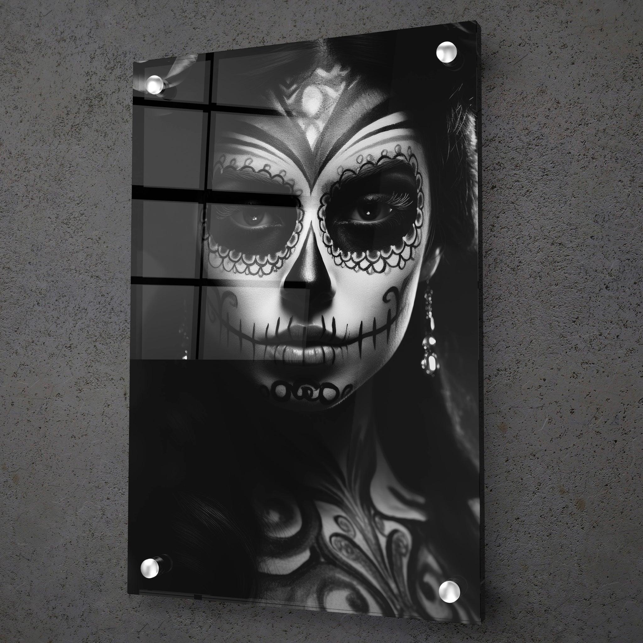 Timeless Beauty: Monochromatic Sugar Skull Woman Acrylic Glass Wall Art - Wallfix