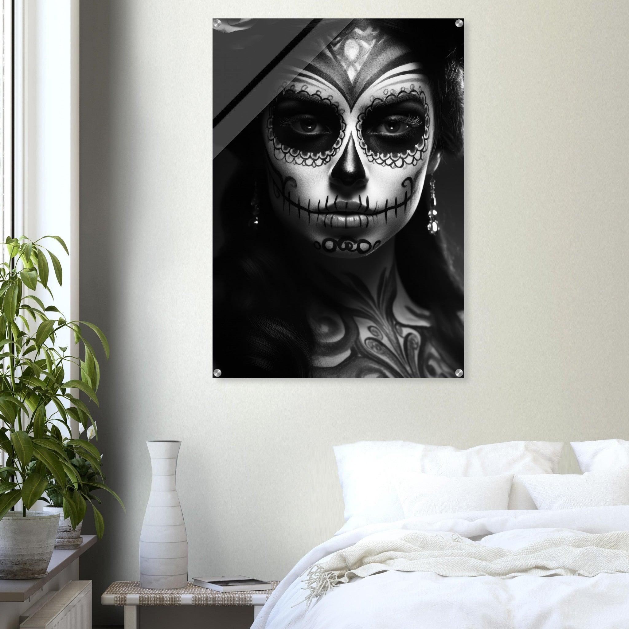 Timeless Beauty: Monochromatic Sugar Skull Woman Acrylic Glass Wall Art - Wallfix
