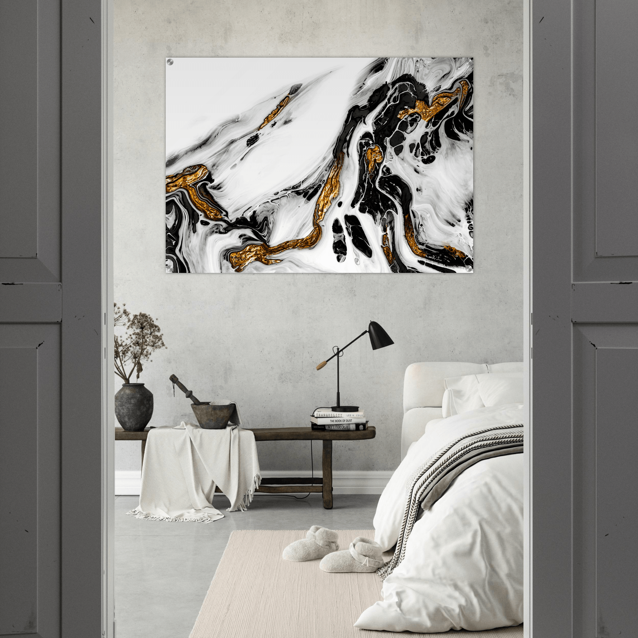 Timeless Sophistication: Black, White, and Gold Abstract Acrylic Glass Wall Art - Wallfix