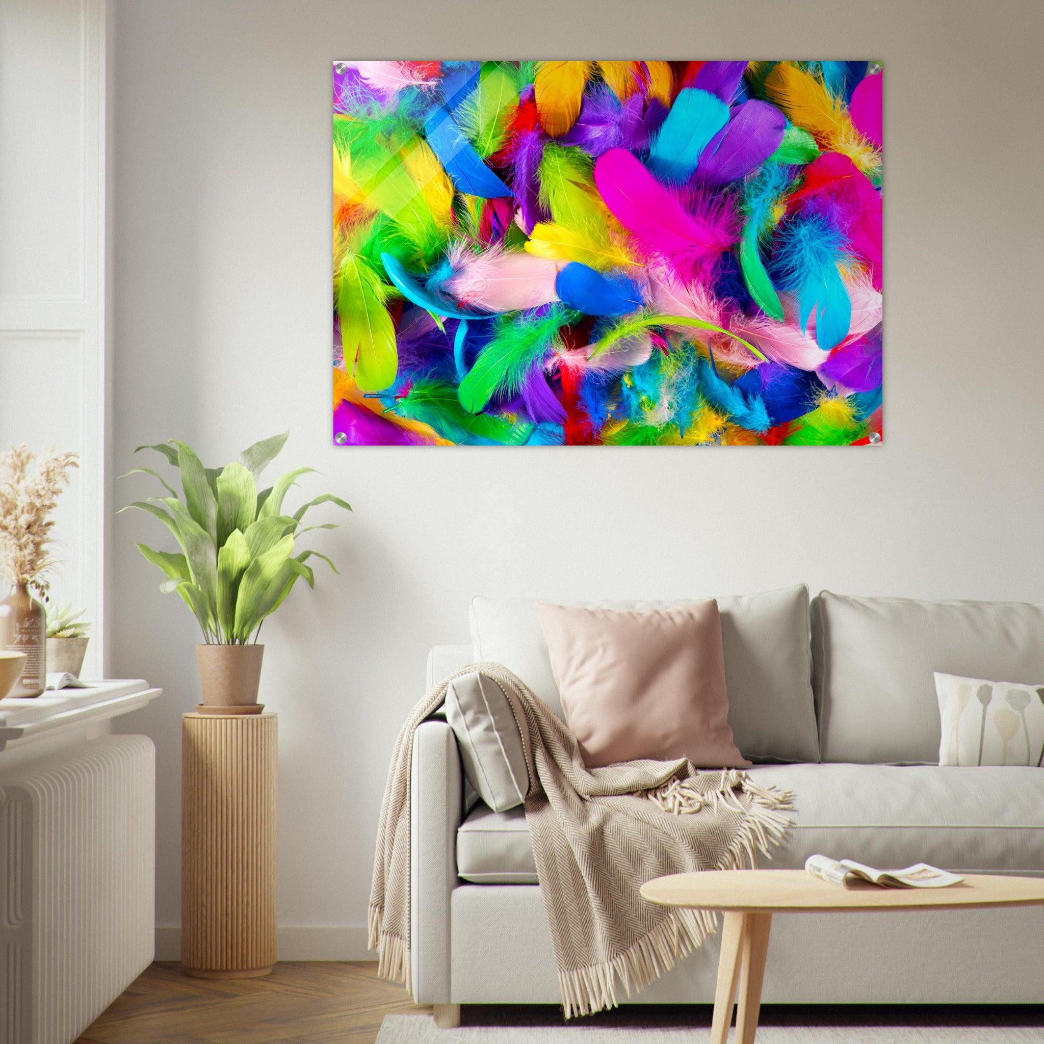 Colorful feathers close-up acrylic glass wall art 