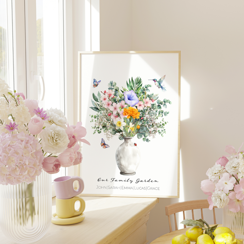 Personalized Birth Flower Family Bouquet Framed Poster