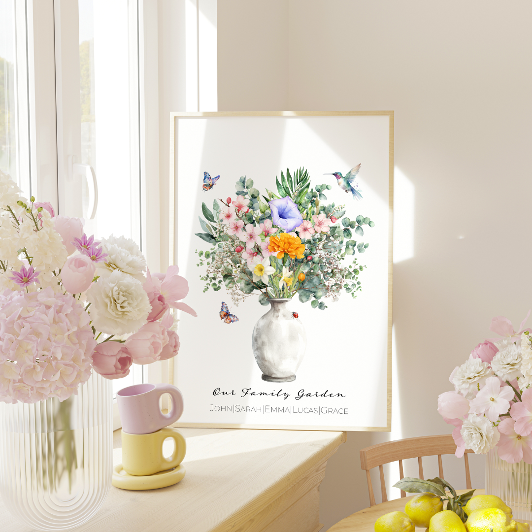 Personalized Birth Flower Family Bouquet Framed Poster