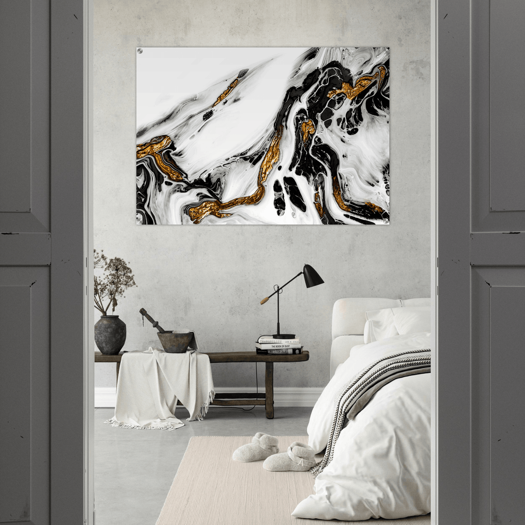 Timeless Sophistication: Black, White, and Gold Abstract Acrylic Glass Wall Art - Wallfix