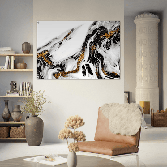 Timeless Sophistication: Black, White, and Gold Abstract Acrylic Glass Wall Art - Wallfix